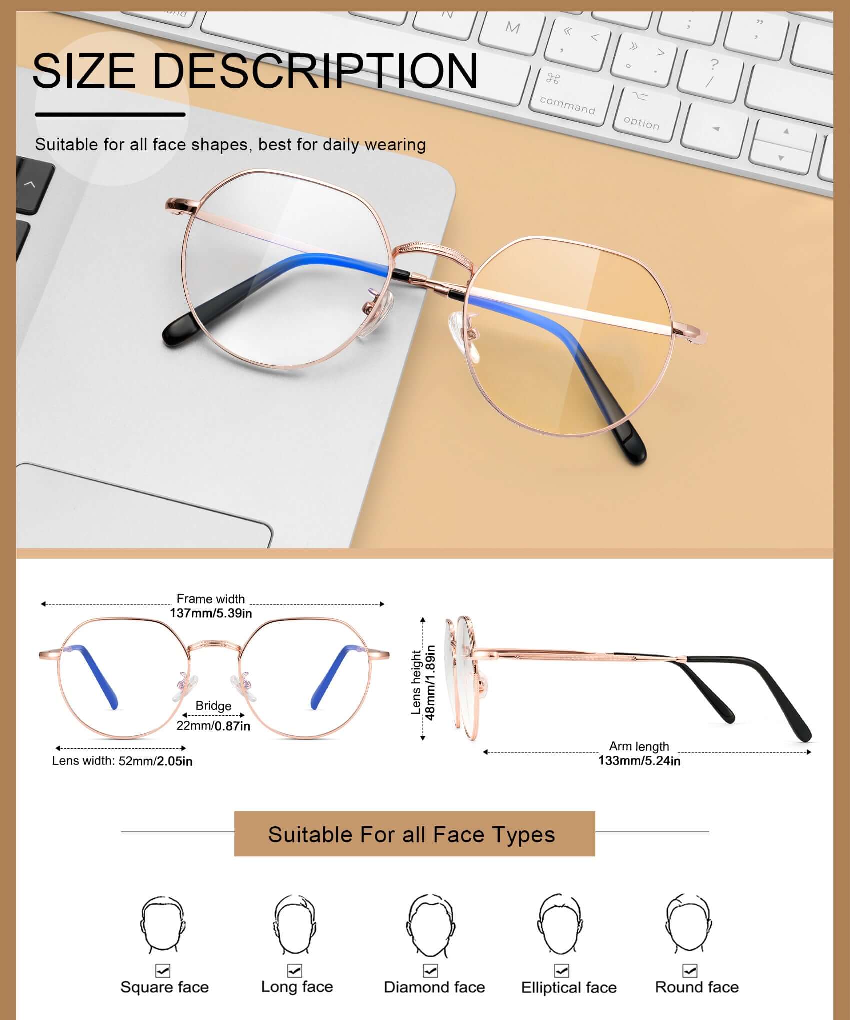 ANYLUV Rayne Blue Light Blocking Glasses Size Display