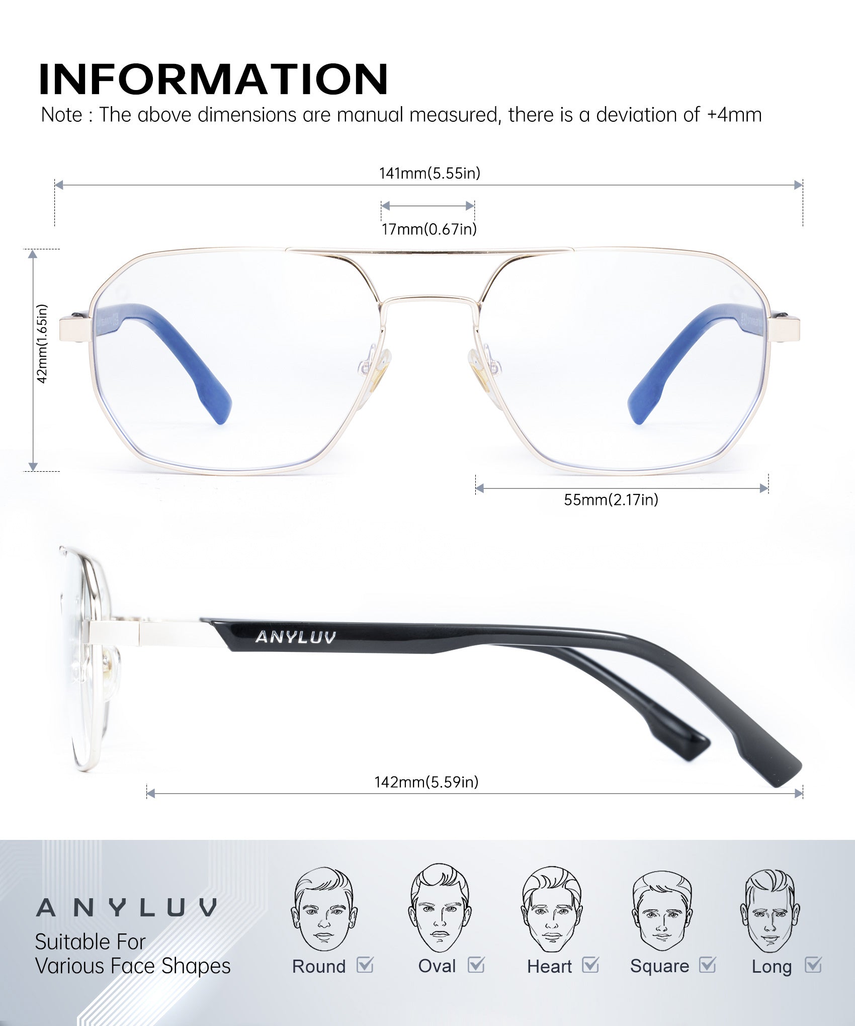 ANYLUV Reading Glasses Men/Women, Anti Eyestrain Blue Light for Women, Metal Cheaters Reading Computer Glasses(WMAN135-3-L150)