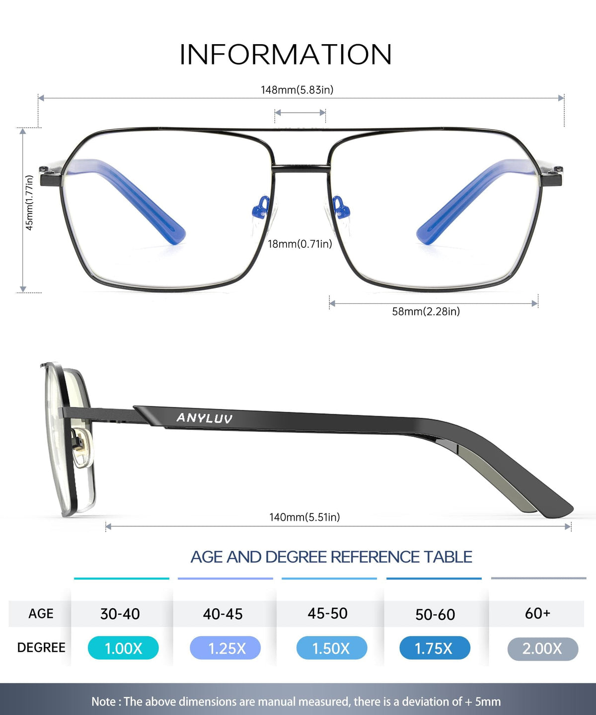 ANYLUV Reading Glasses Men Women Blue Light Blocking,Premium Mens Reading Glasses Al-mg Frame with Spring Hinge Anti Glare(WMAN4528-1-L125)