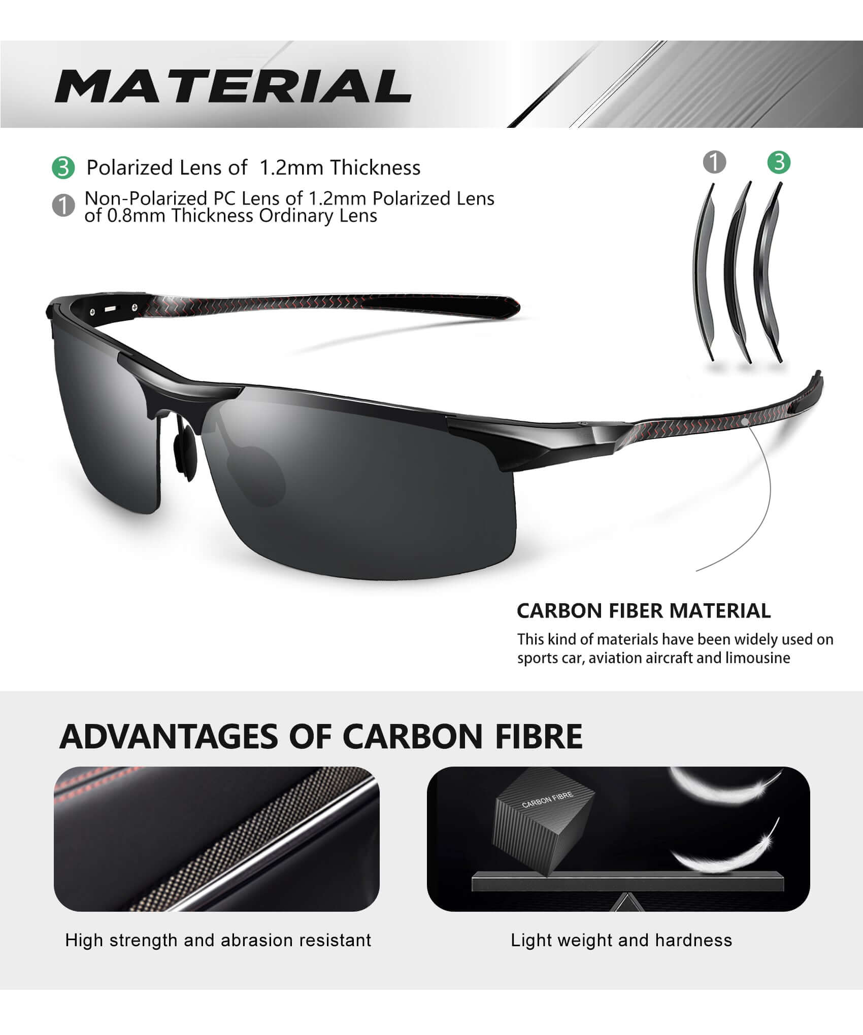 Lightweight Al-Mg Carbon Fiber Polarized Sunglasses A69