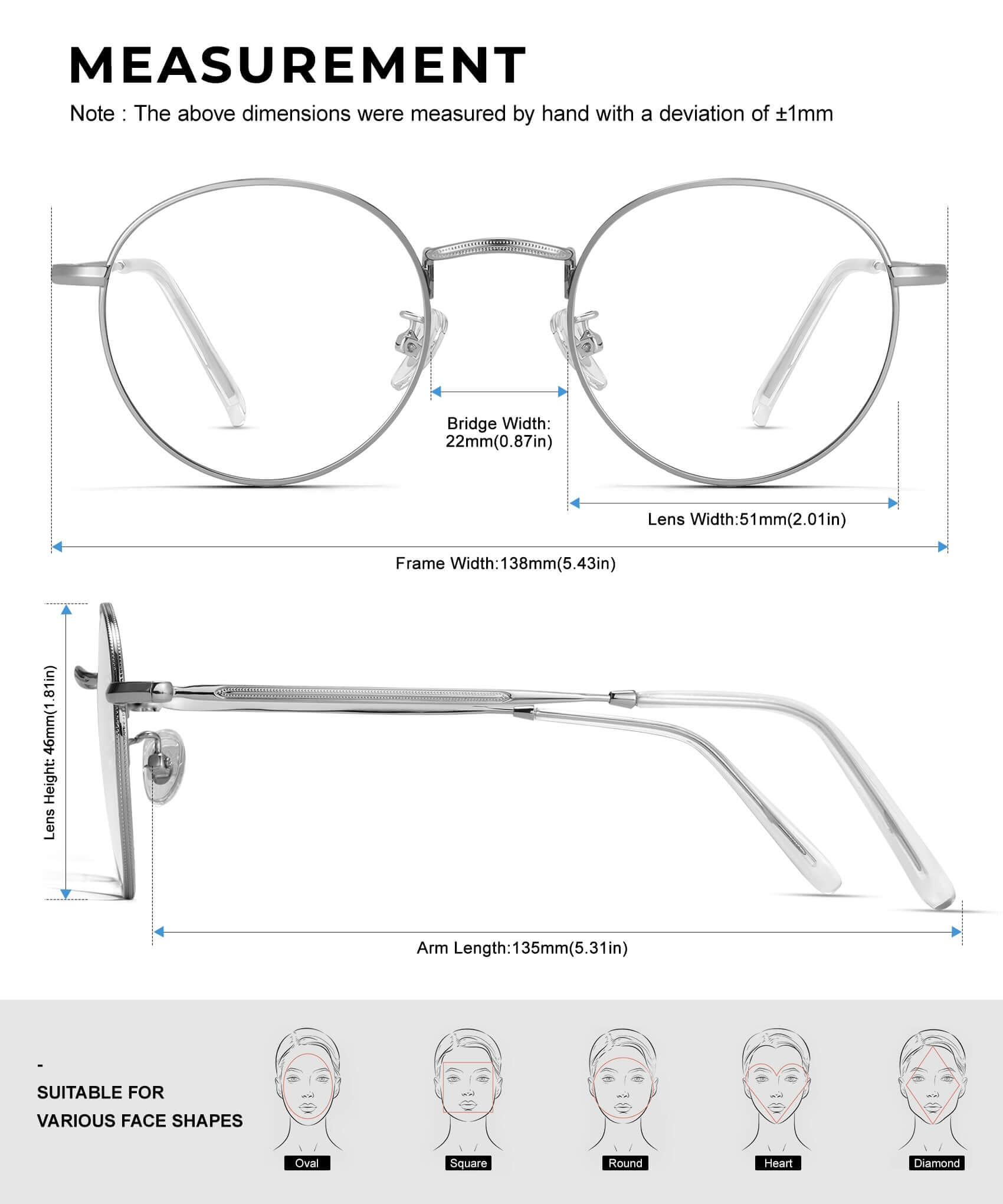 ANYLUV Orion Blue Light Blocking Glasses Size Display