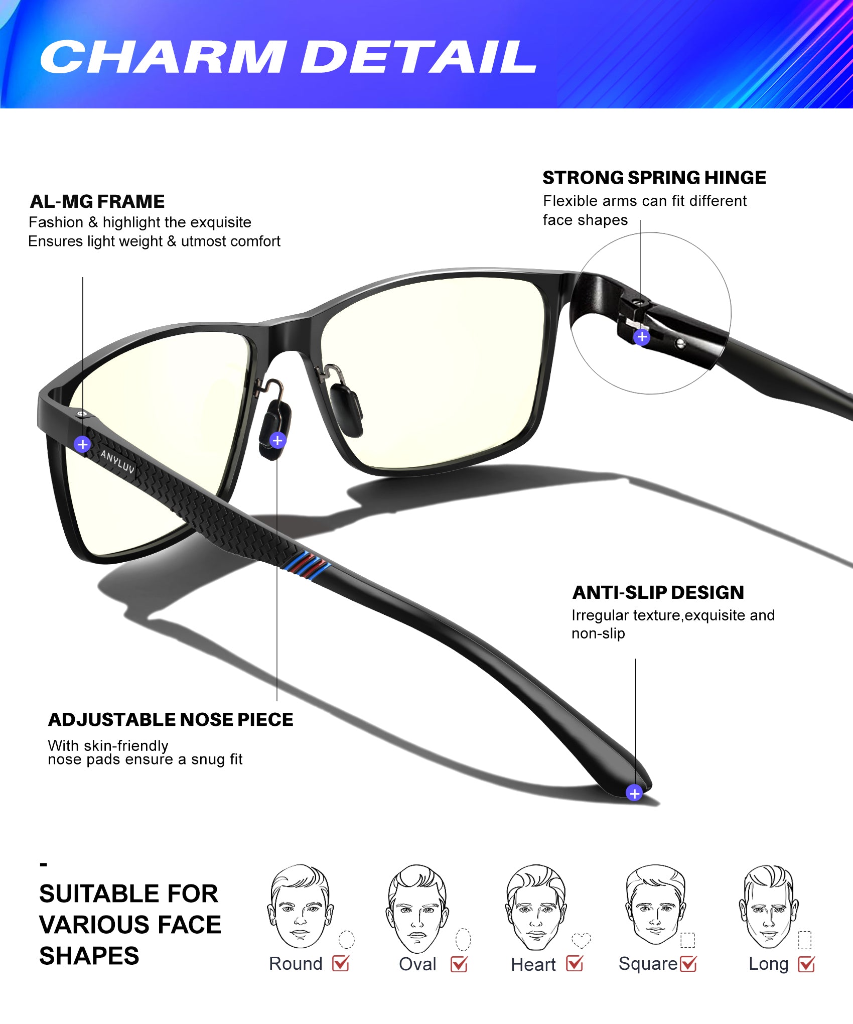 ANYLUV Blue Light Glasses Men, Relieve Eyestrain and Eye Protection, Al-Mg Metal Computer Blue Light Blocking Glasses(WMAN4556-1)
