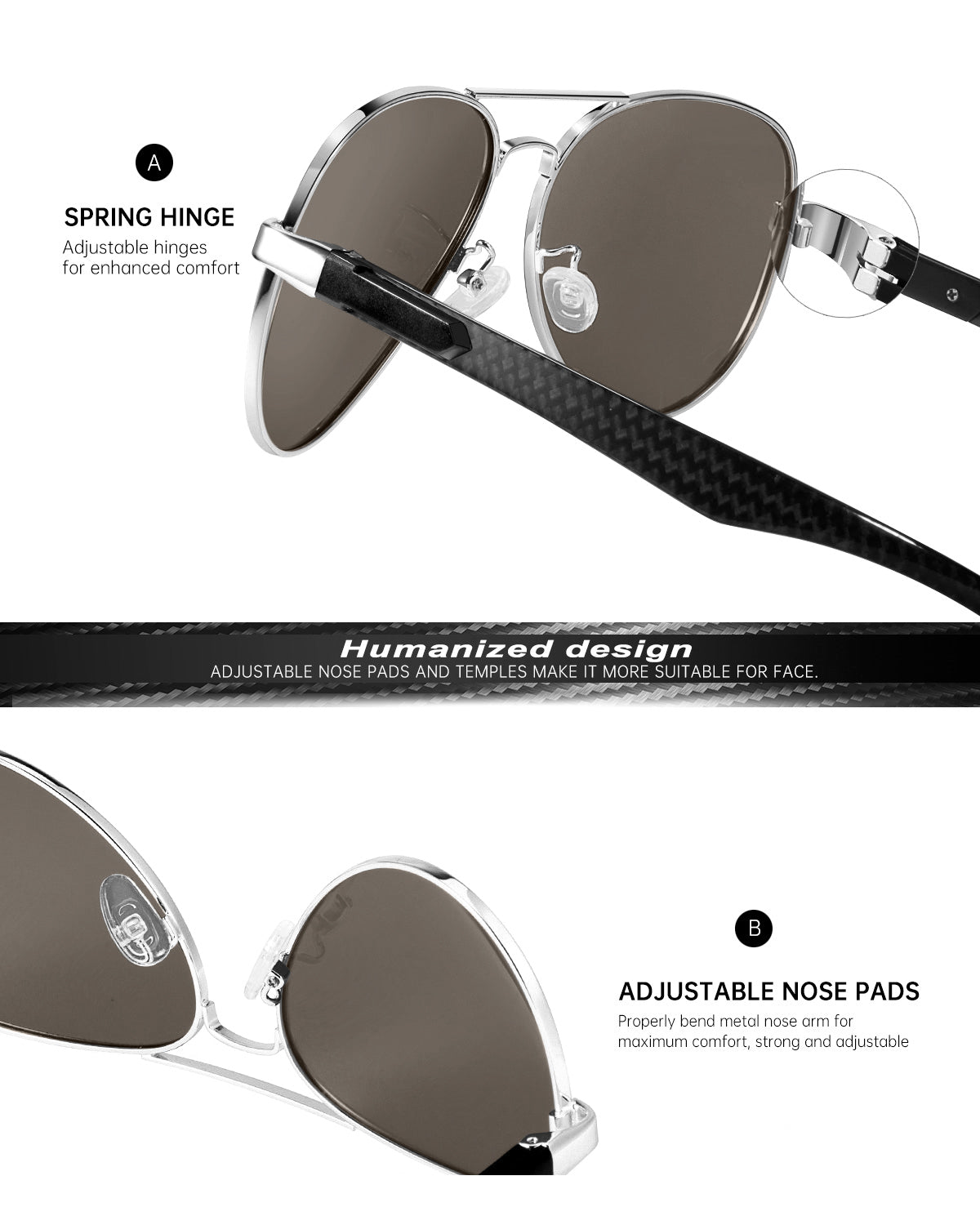 Carbon Fiber Temple Polarized Pilot Sunglasses S55-8