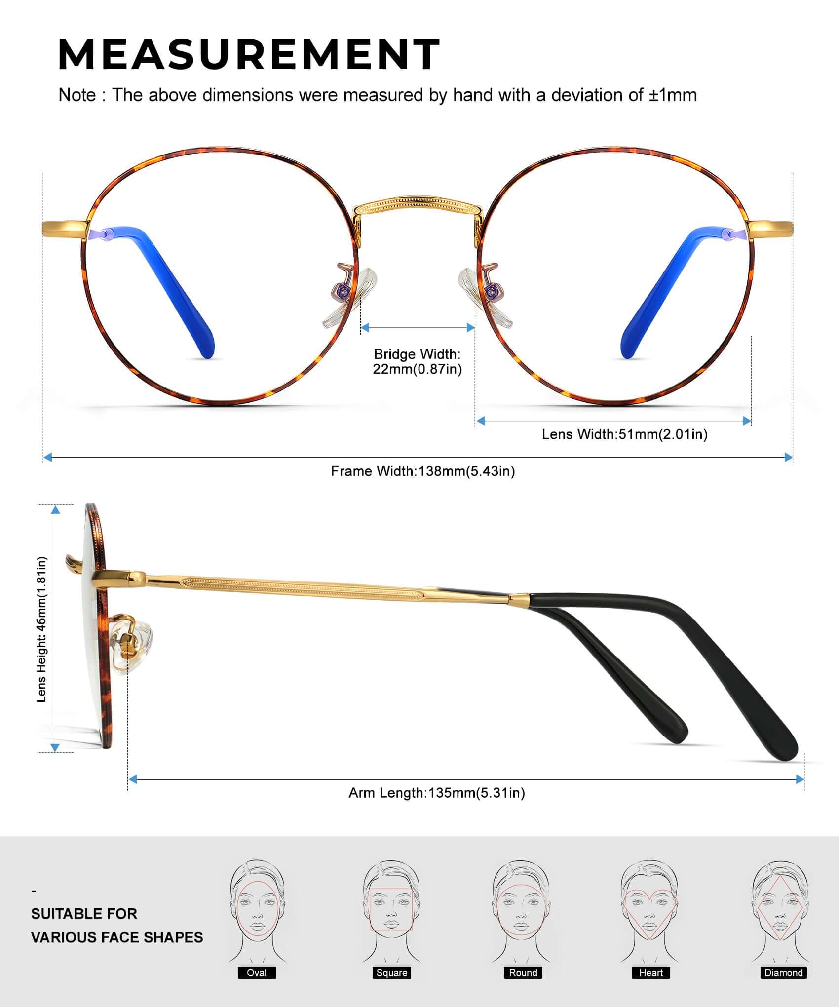 ANYLUV Orion Blue Light Blocking Glasses Size Display