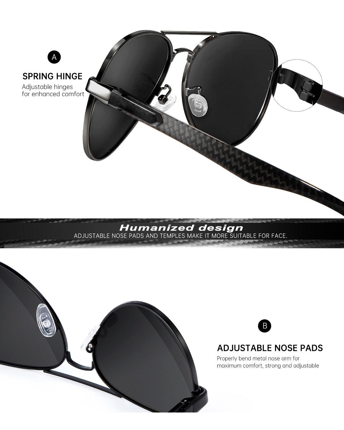 Carbon Fiber Temple Polarized Pilot Sunglasses S55-1