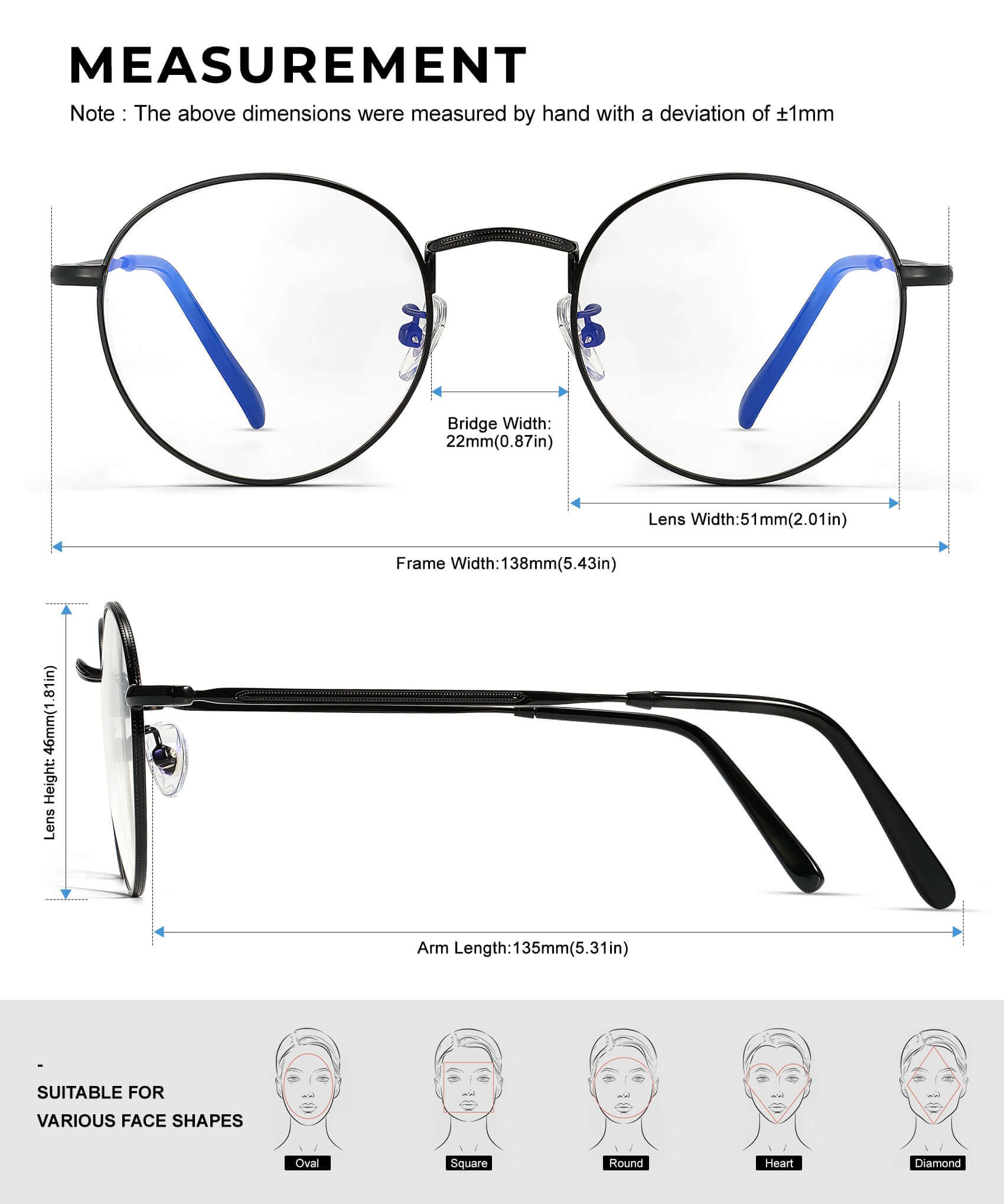 ANYLUV Orion Blue Light Blocking Glasses Size Display