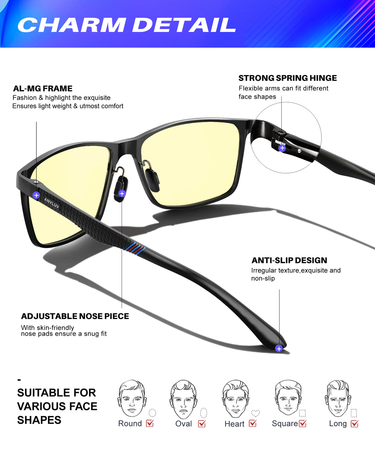 ANYLUV Blue Light Glasses Men/Women, Al-Mg Metal Computer Blue Light Blocking Glasses, Relieve Eyestrain and Eye Protection WMAN6556-1