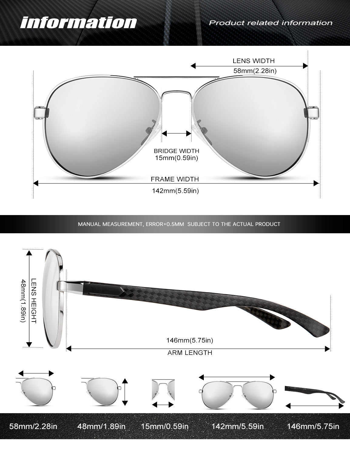 Carbon Fiber Temple Polarized Pilot Sunglasses S55-1