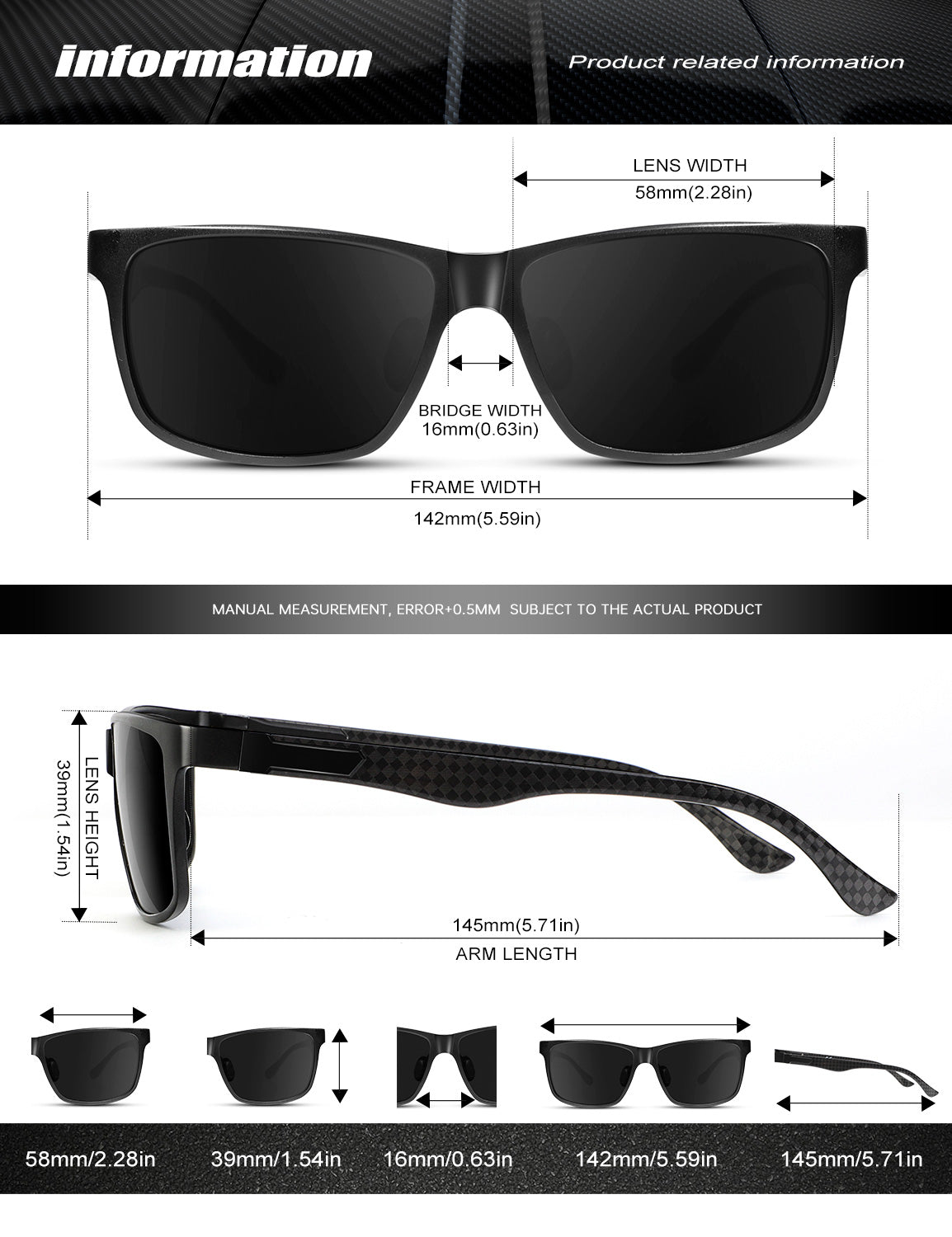 Rectangle Frame Carbon Fiber Temple Sunglasses S50-1