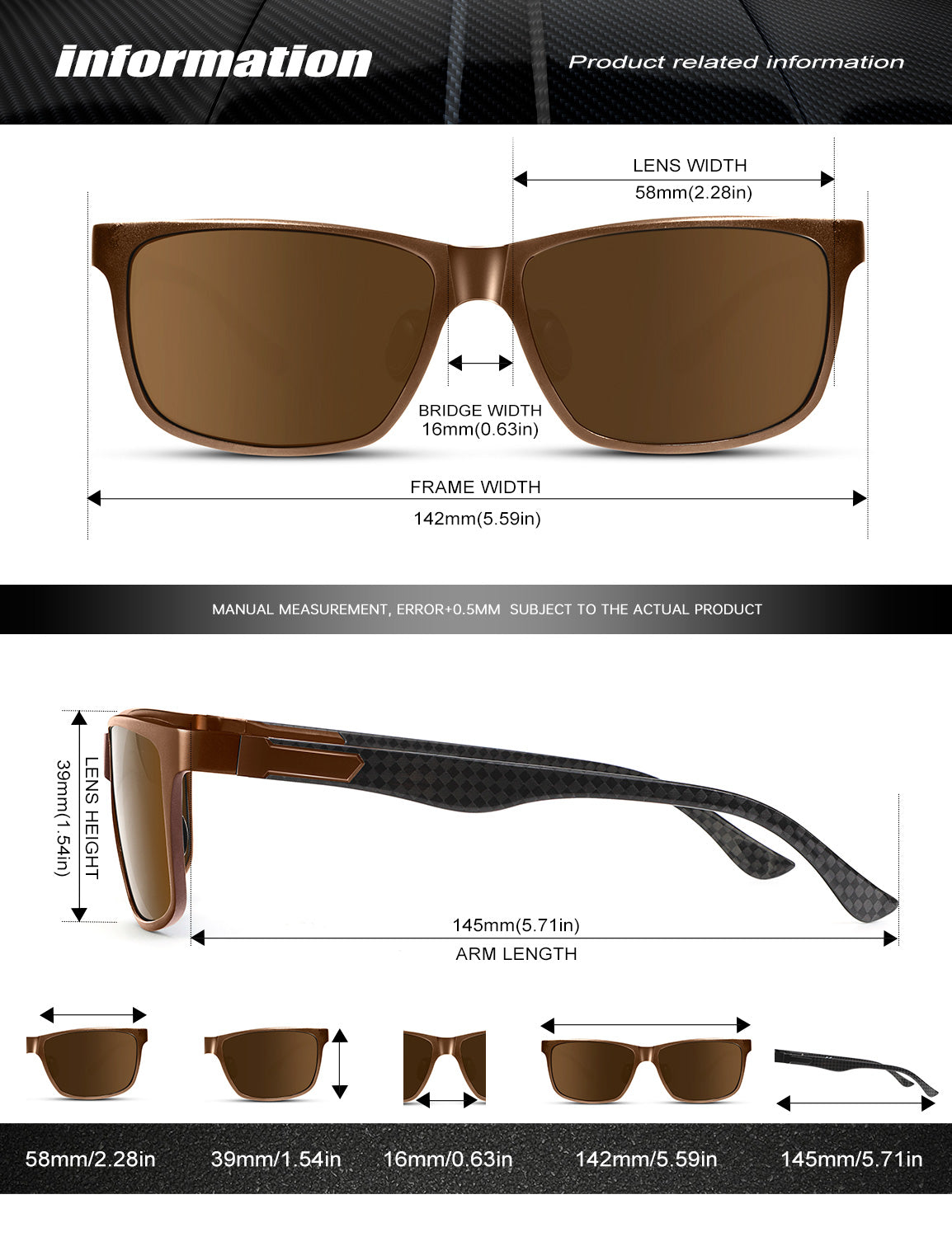 Rectangle Frame Carbon Fiber Temple Sunglasses S50-3