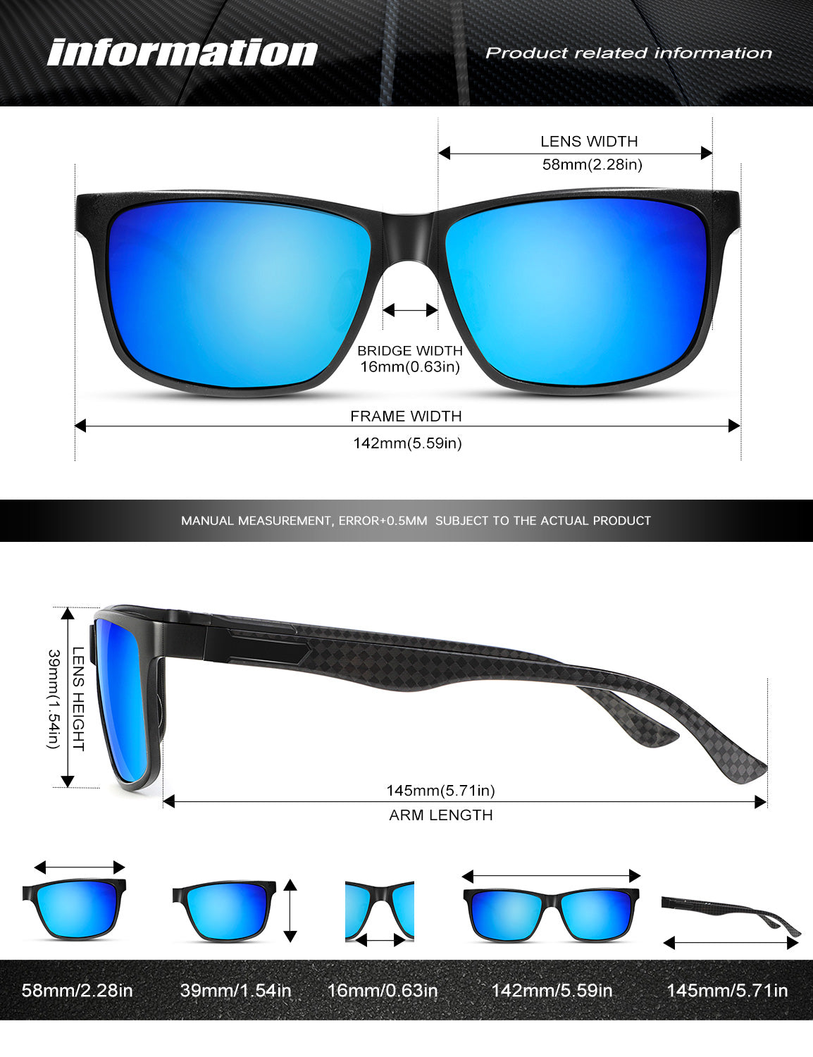 Rectangle Frame Carbon Fiber Temple Sunglasses S50-3