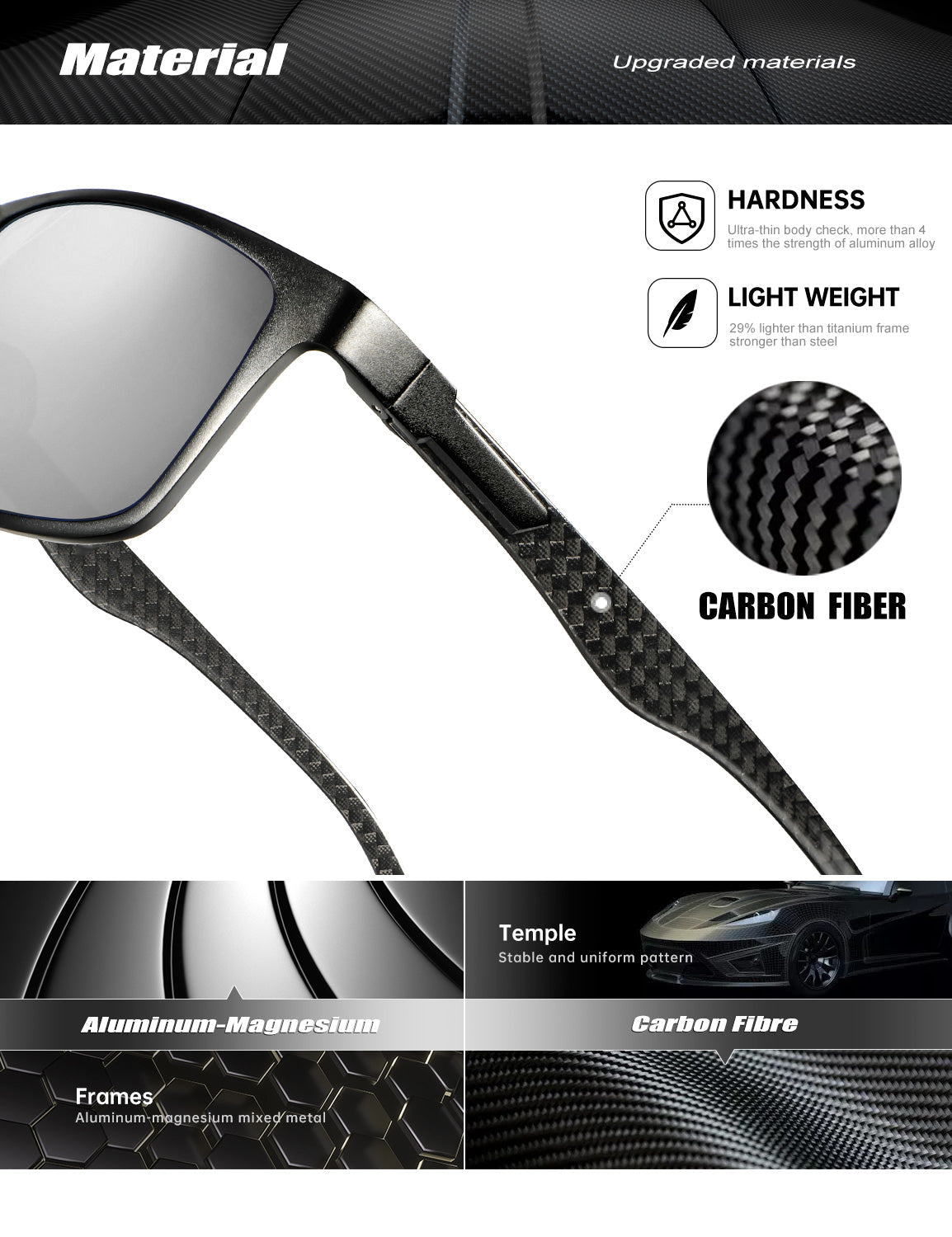 Rectangle Frame Carbon Fiber Temple Sunglasses S50-6