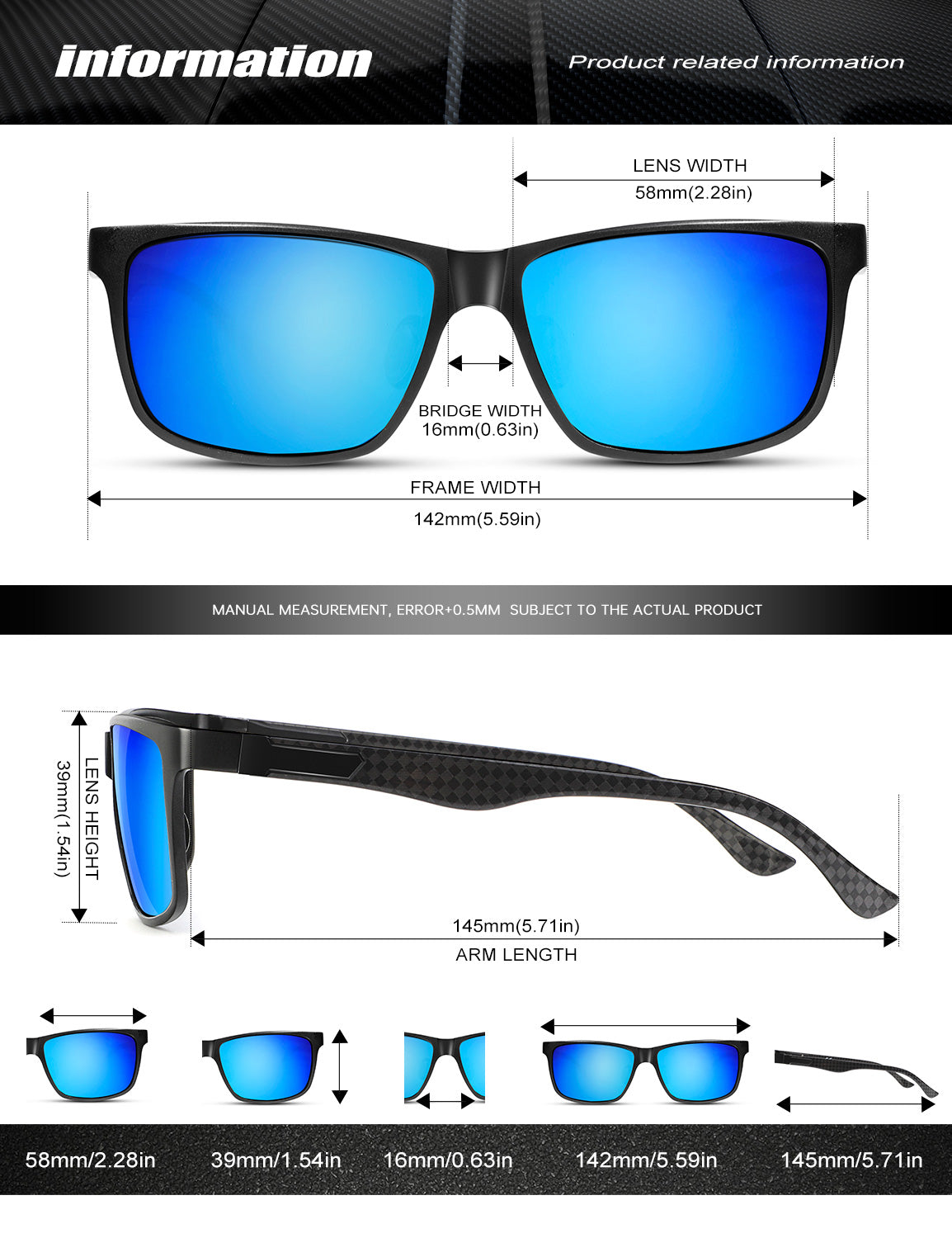 Rectangle Frame Carbon Fiber Temple Sunglasses S50-5