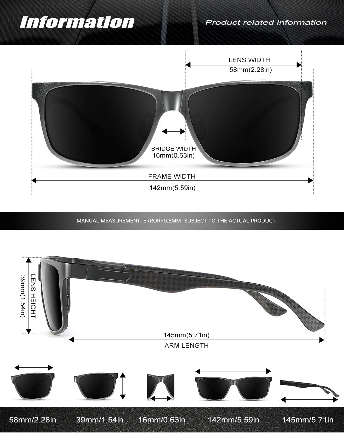 Rectangle Frame Carbon Fiber Temple Sunglasses S50-3