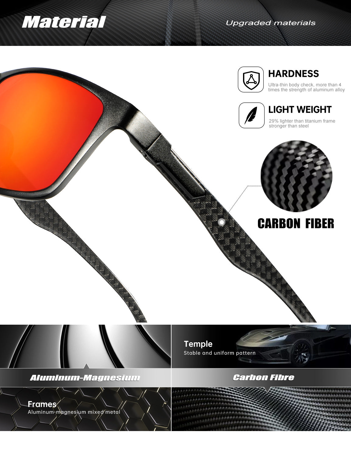 Rectangle Frame Carbon Fiber Temple Sunglasses S50-6