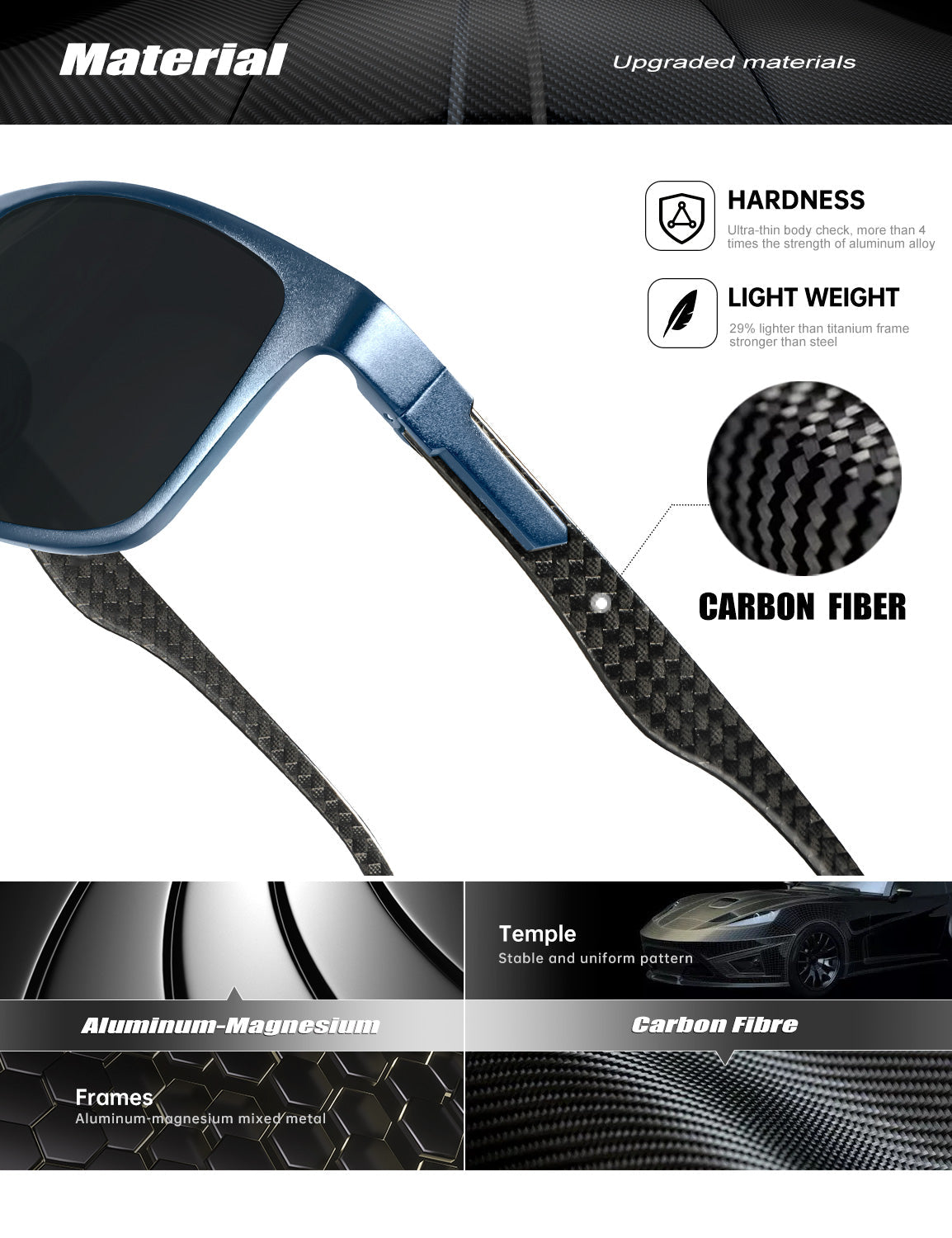 Rectangle Frame Carbon Fiber Temple Sunglasses S50-8