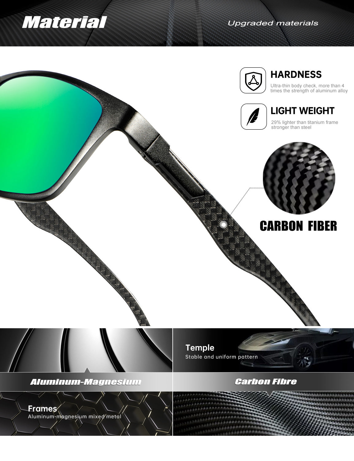 Rectangle Frame Carbon Fiber Temple Sunglasses S50-3