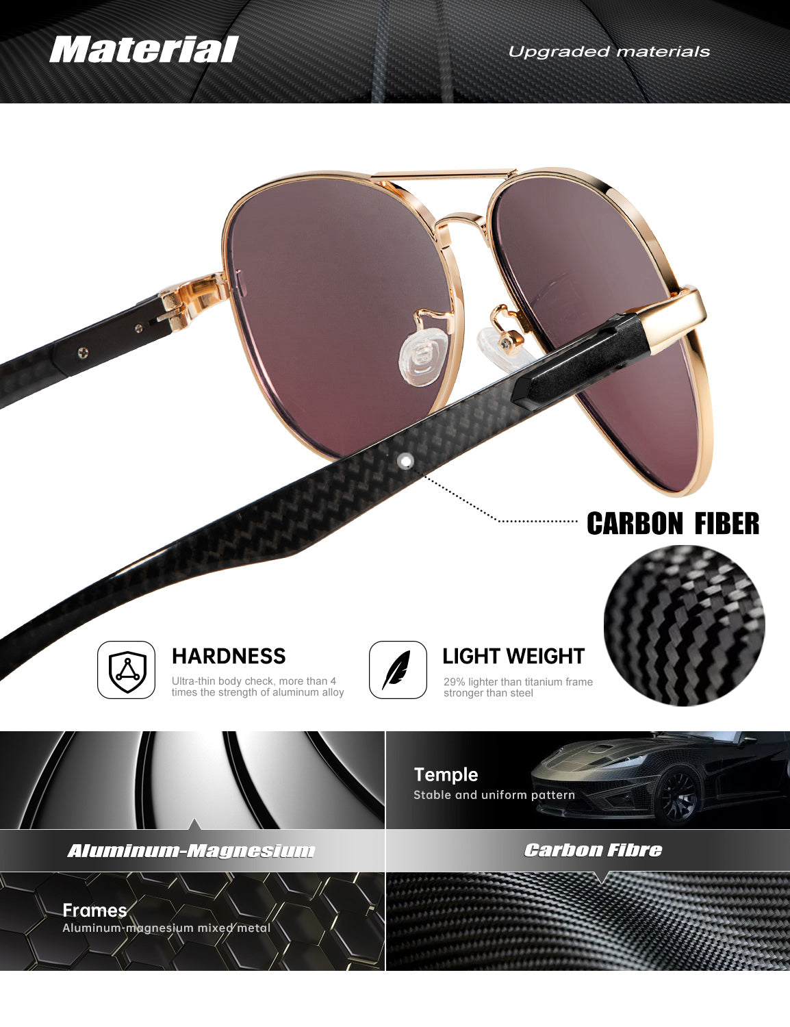 Carbon Fiber Temple Polarized Pilot Sunglasses S55-6