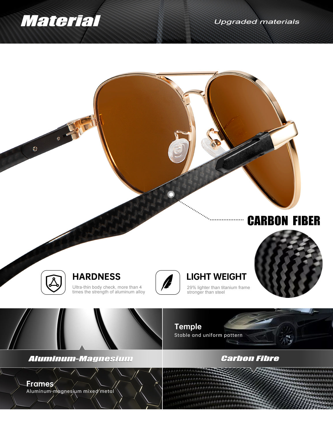 Carbon Fiber Temple Polarized Pilot Sunglasses S55-5