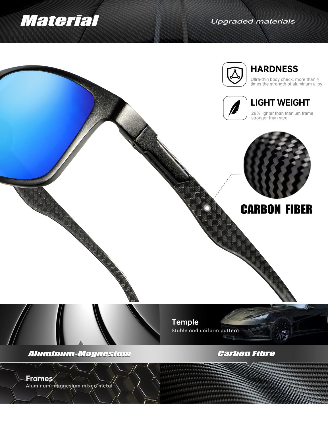 Rectangle Frame Carbon Fiber Temple Sunglasses S50-9