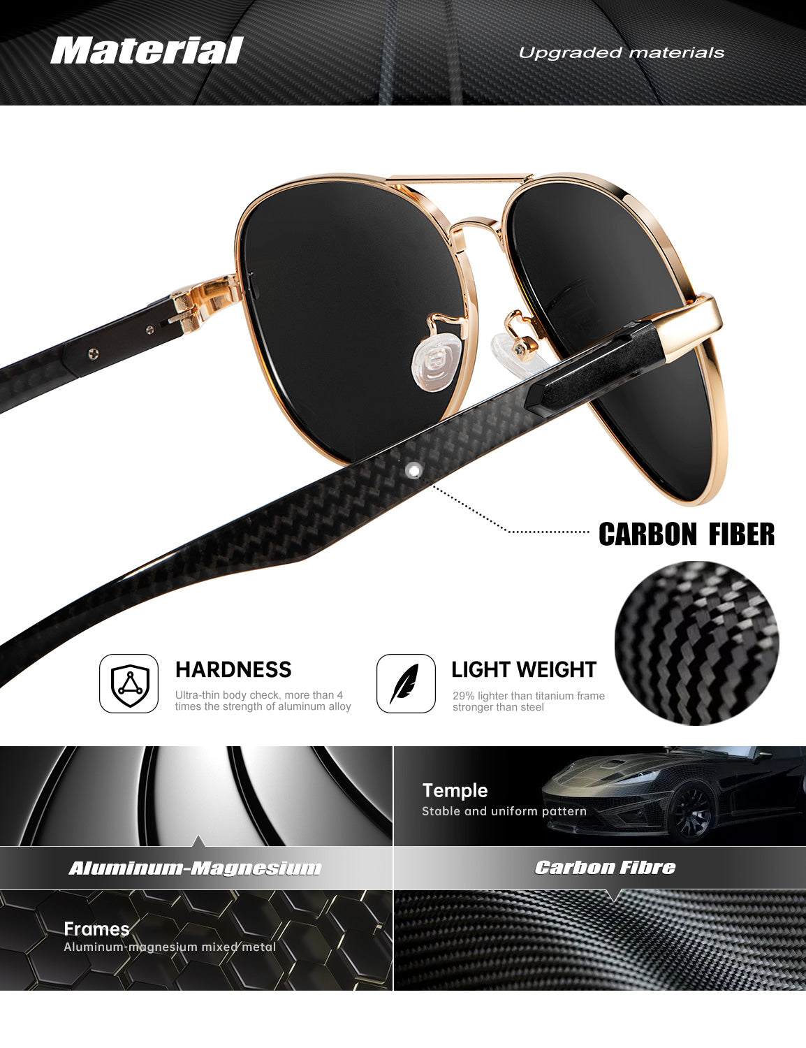 Carbon Fiber Temple Polarized Pilot Sunglasses S55-4