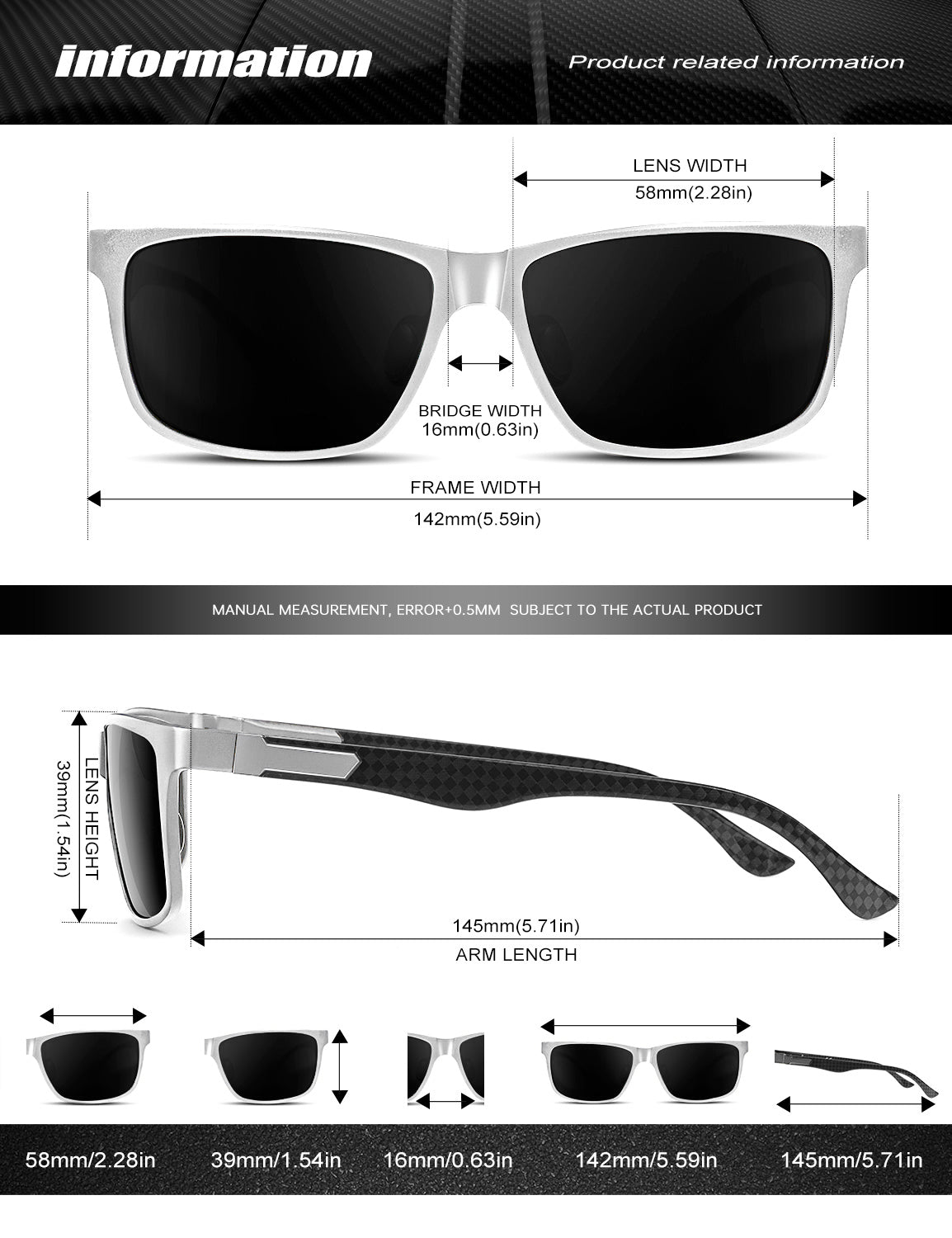 Rectangle Frame Carbon Fiber Temple Sunglasses S50-1