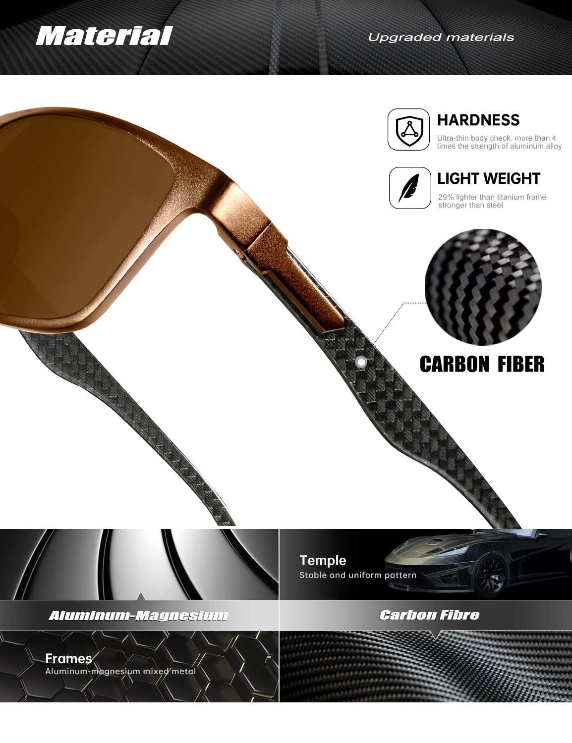 Rectangle Frame Carbon Fiber Temple Sunglasses S50-7