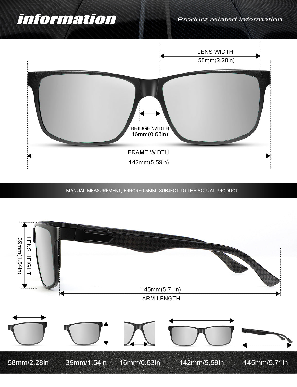 Rectangle Frame Carbon Fiber Temple Sunglasses S50-3