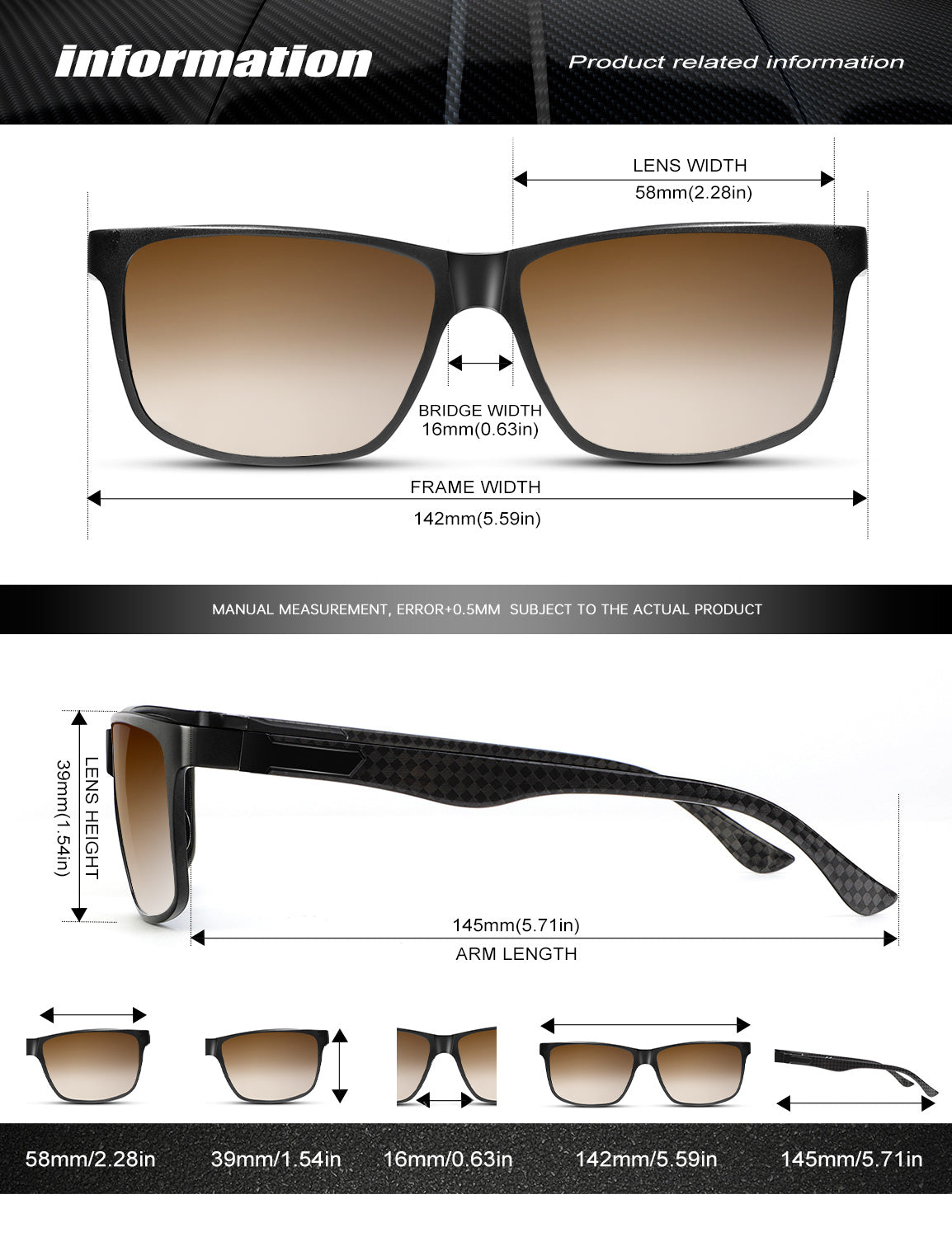 Rectangle Frame Carbon Fiber Temple Sunglasses S50-10
