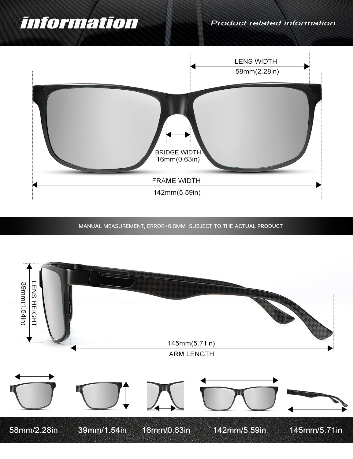 Rectangle Frame Carbon Fiber Temple Sunglasses S50-1