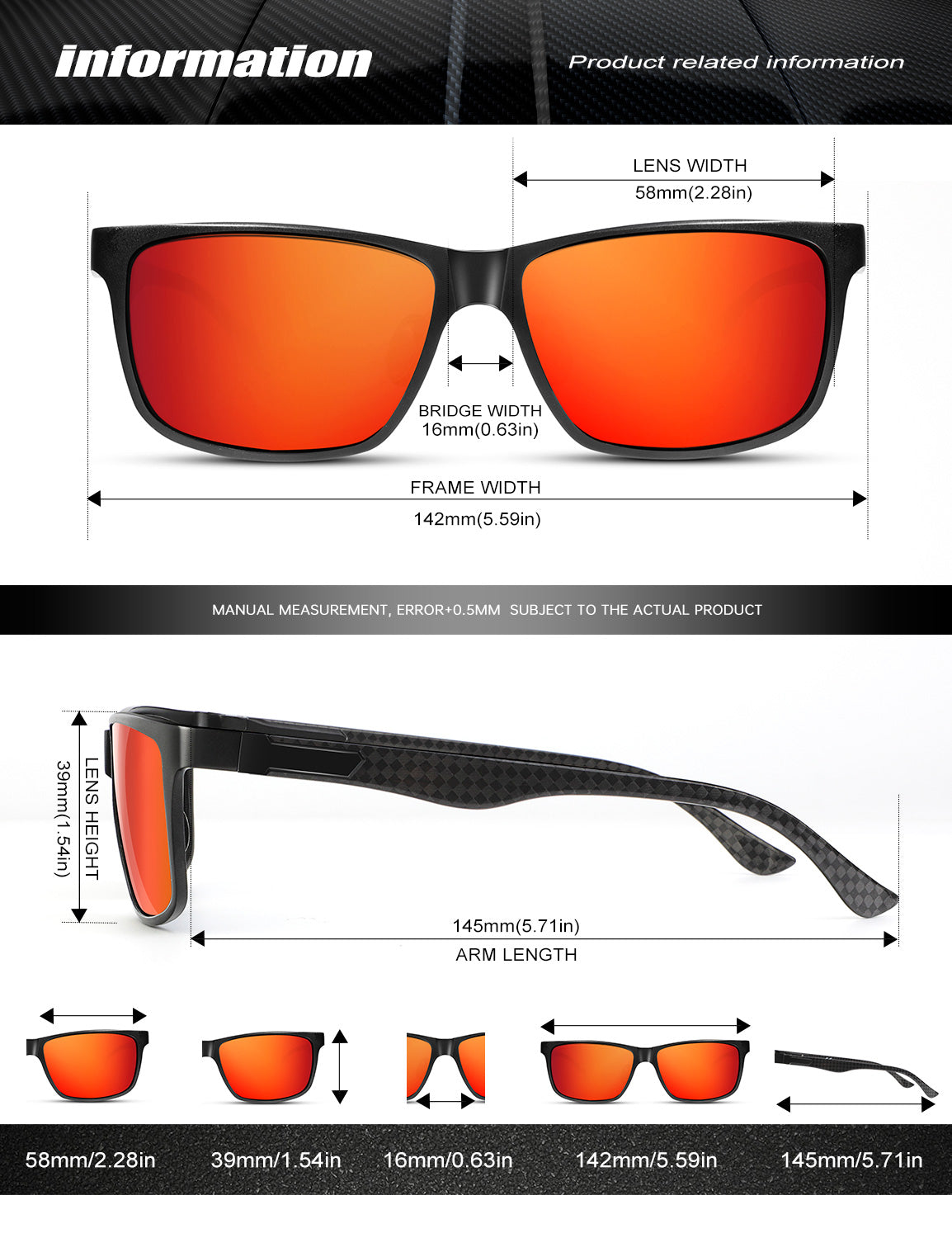 Rectangle Frame Carbon Fiber Temple Sunglasses S50-8