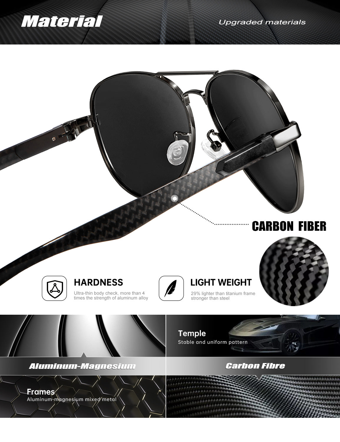 Carbon Fiber Temple Polarized Pilot Sunglasses S55-8