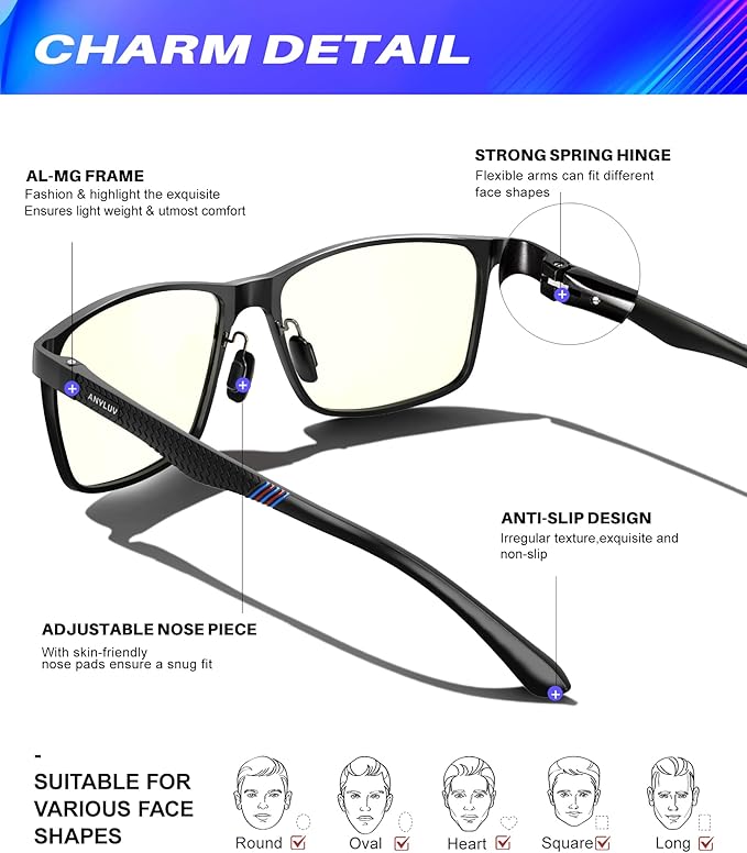 ANYLUV Blue Light Glasses Men, Relieve Eyestrain and Eye Protection, Al-Mg Metal Computer Blue Light Blocking Glasses 4556-1