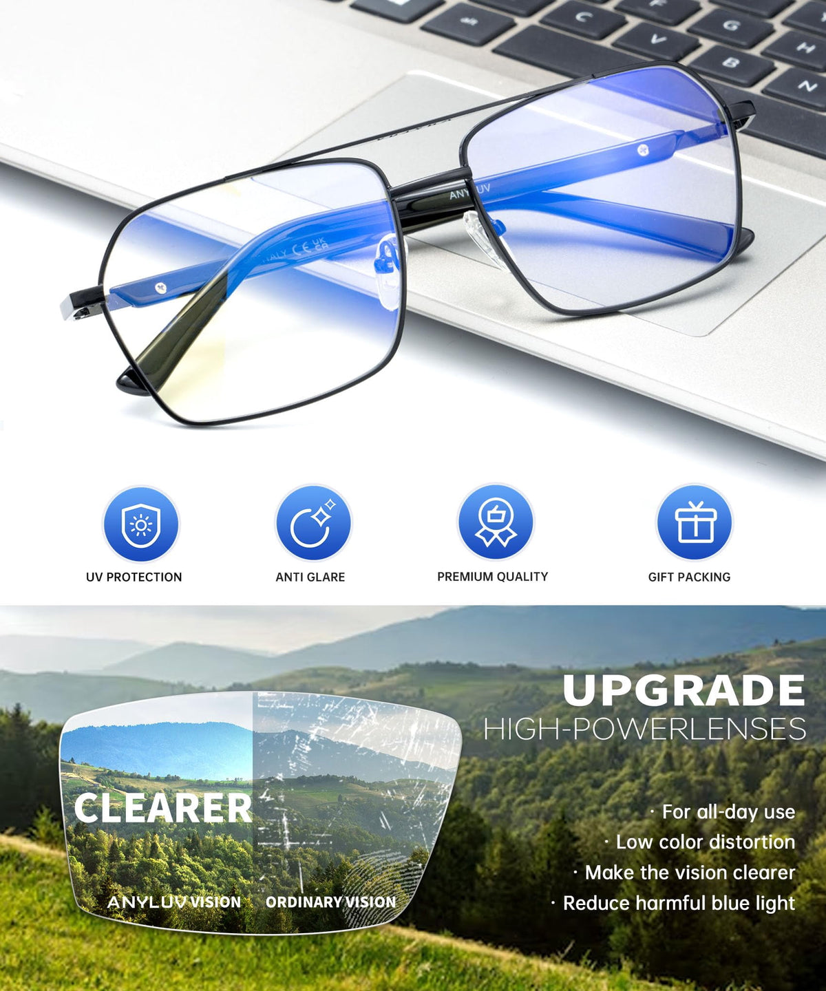 ANYLUV Reading Glasses Men Women Blue Light Blocking,Premium Mens Reading Glasses Al-mg Frame with Spring Hinge Anti Glare(WMAN4528-1-L100)