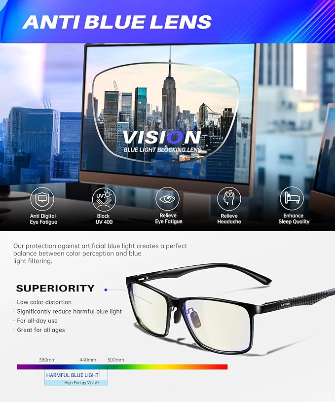 ANYLUV Blue Light Glasses Men, Relieve Eyestrain and Eye Protection, Al-Mg Metal Computer Blue Light Blocking Glasses 4556-1